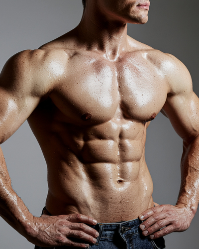 Shirtless muscular man with his hands on his hips wearing jeans